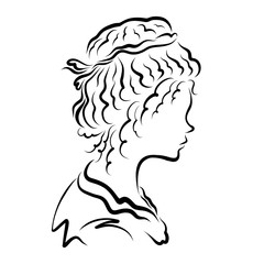 Profile of a young woman with wavy hair, lush hairstyle with ribbon