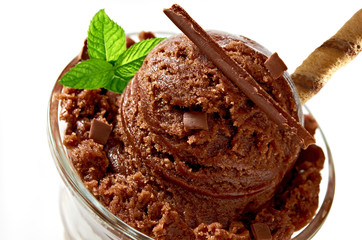 Chocolate sundae ice cream cup, isolated on white background