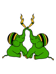 2 freunde team paar kiffen kiffer stoned rauchen raggae weed hanf joint drogen bekifft elefant klein sitzend süß niedlich baby dick groß comic cartoon clipart design dickhäuter rüssel