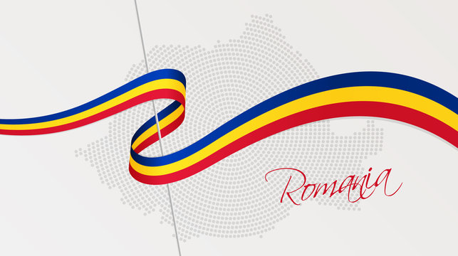 Wavy national flag and radial dotted halftone map of Romania