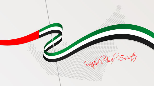 Wavy national flag and radial dotted halftone map of United Arab Emirates