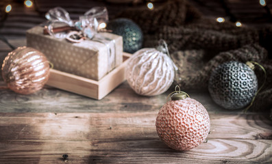 Christmas or New Year background, vintage toys on the Christmas tree