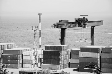 Black and white shot of Industrial landscape of Odessa sea port