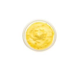Tasty yellow sauce in bowl on white background