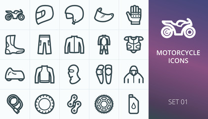 Motorcycle gear and parts icons set. Set of moto equipment, motorcycle helmet, body armor, gloves, moto pants, jacket, boots vector icons