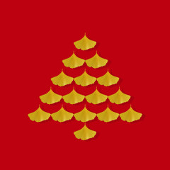 Christmas tree on red background , Seasons Greeting, Minimal New Year concept.
