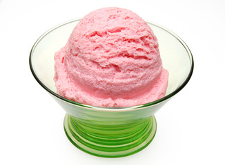 Strawberry ice cream scoop in bowl isolated on white background