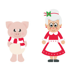 winter cartoon pig with scarf and cartoon mrs santa