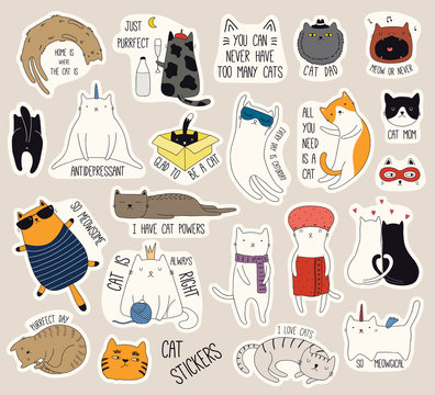 Naklejka Set of cute funny stickers with color doodles of different cats with quotes. Isolated objects. Hand drawn vector illustration. Line drawing. Design concept for print, logo, icon, badge, label, patch.