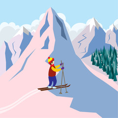 Active skier stands on the mountainside. Sports and recreation in the snowy mountains. Illustration in flat style.