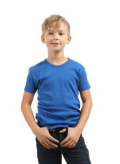 Cute boy in t-shirt on white background