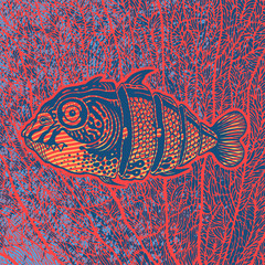 Hand drawn fish cut into slices and abstract background with coral. vector illustration.