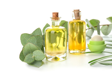 Cosmetics with eucalyptus extract on white background