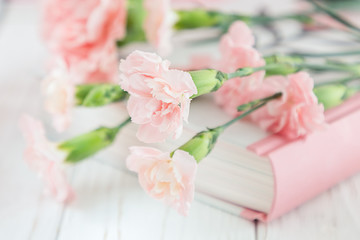 Fototapeta na wymiar Soft pink carnation flowers and book on a blurred background. Soft focus