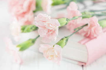 Small pink carnation flowers and book on a blurred background. Soft focus
