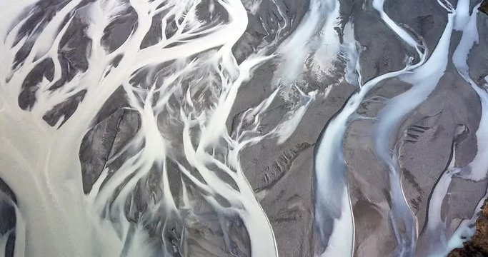 Aerial view of diverging glacial river in Iceland