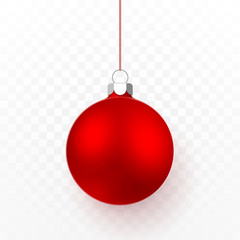 Naklejka na ściany i meble Red Christmas ball. Xmas glass ball on transparent background. Holiday decoration template. Vector illustration