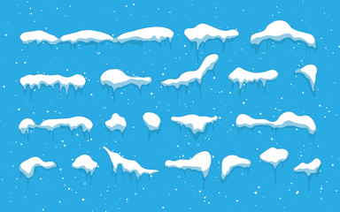Snow caps, snowballs and snowdrifts set. Snow cap vector collection. Winter decoration element. Snowy elements on winter background. Cartoon template. Illustration