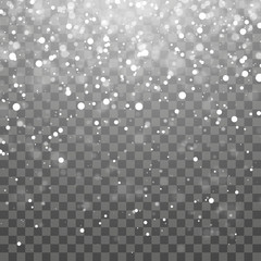 Christmas snow. Falling snowflakes on dark background. Snowflake transparent decoration effect. Xmas snow flake pattern. Magic white snowfall texture. Winter snowstorm backdrop illustration