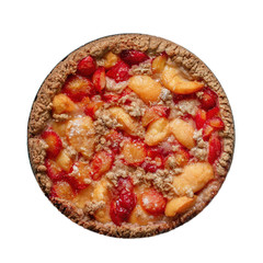 Homemade plum cake (pie) with crumble on turquoise background. Summer fruit crumble pastry.