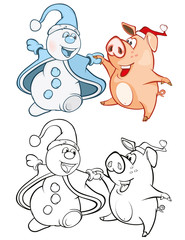 Vector Illustration of a Cute Pig and a Snowman. Coloring Book Cartoon 