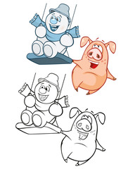Vector Illustration of a Cute Pig and a Snowman. Coloring Book Cartoon 