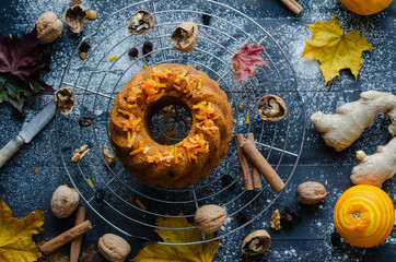 Carrot cake. Ingredients. Flat lay.