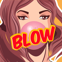 Girl blowing bubblegum, vector illustration. Blow comic text