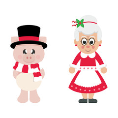 winter cartoon pig with scarf in hat and cartoon mrs santa