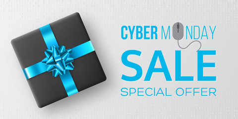 Cyber monday sale horizontal poster or banner for seasonal discounts. Black box with realistic blue bow on code background. Sale concept. Vector illustration.