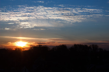 Fototapeta premium Dark silhouettes of trees against the rising sun, blue sky and white clouds