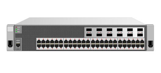 Managed 2U Ethernet switch for mounting with a 19-inch rack with 48 ethernet and 12 optical ports. Color silver, size 2u. Vector illustration.