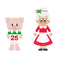 winter cartoon pig with christmas calendar and cartoon mrs santa