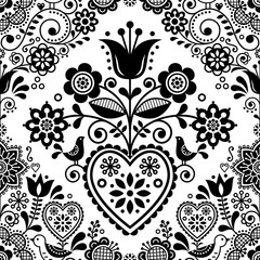 Seamless folk art vector pattern with birds and flowers, Scandinavian or Nordic black and white repetitive floral design