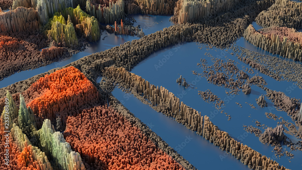 Fototapete 3d render abstract background with complex structure made of array of vertical geometry. data visual