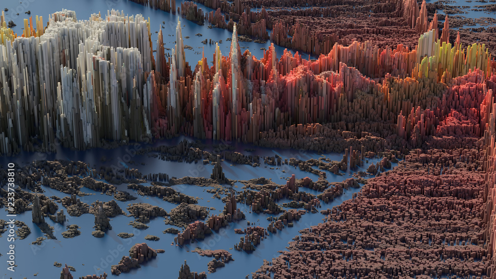 Fototapete 3d render abstract background with complex structure made of array of vertical geometry. data visual