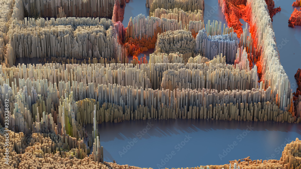 Fototapete 3d render abstract background with complex structure made of array of vertical geometry. data visual