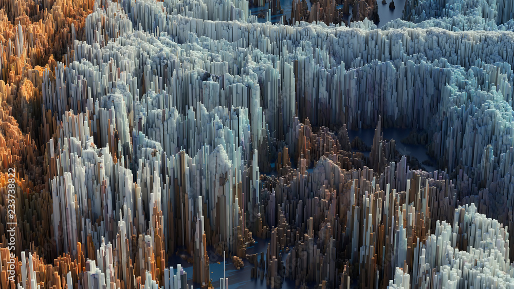 Fototapete 3d render abstract background with complex structure made of array of vertical geometry. data visual