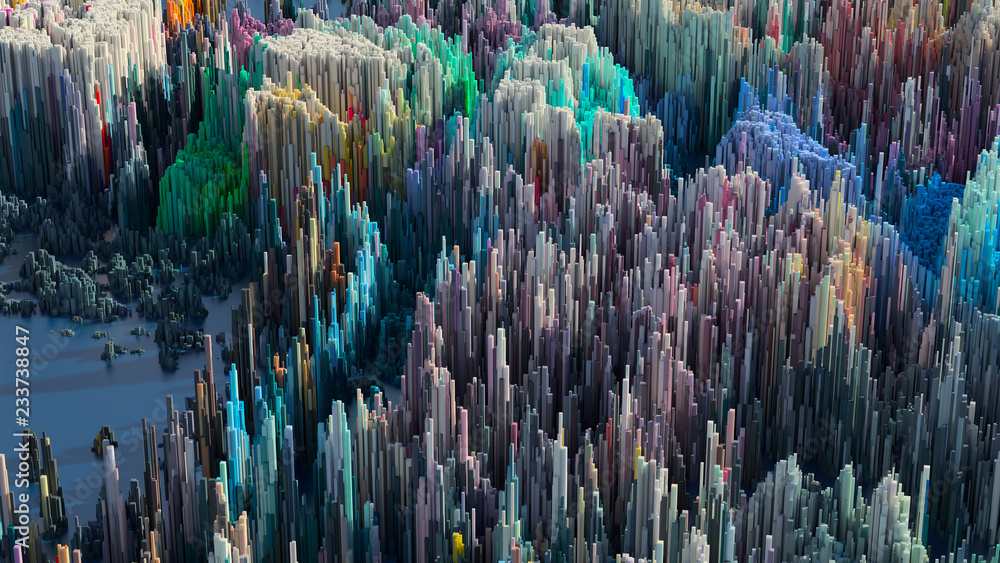 Fototapete 3d render abstract background with complex structure made of array of vertical geometry. data visual