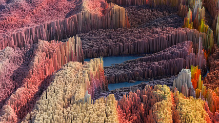 3d render abstract background with complex structure made of array of vertical geometry. Data visualization concept.