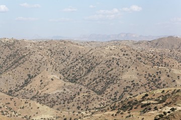 Mountainous landscape with blue sky in Northern Ethiopia.