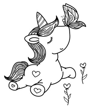 Vector cute unicorn and butterfly,  black silhouettes for coloring.