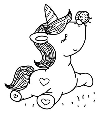 Vector cute unicorn and ladybird,  black silhouettes for coloring.