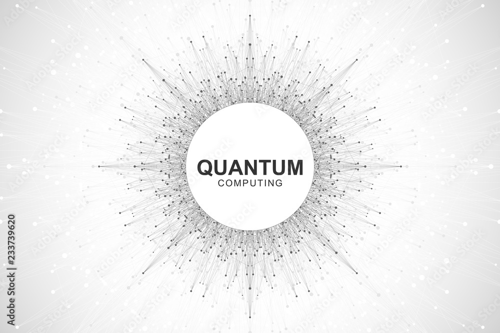 Poster Quantum computer technology concept. Deep learning artificial intelligence. Big data algorithms visualization for business, science, technology. Waves flow, dots, lines. Quantum vector illustration