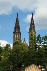 Fototapeta na wymiar View of the church of St. Peter and Paul at Vysehrad from the river Vltava, Prague, Czech Republic