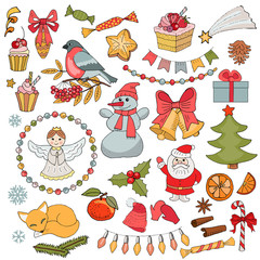 Set of Christmas and New Year elements, sweets, cakes, decorations. Vector hand drawn elements.