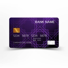 Modern credit card template design. With inspiration from the line abstract. Purple and black color on gray background illustration. Glossy plastic style.