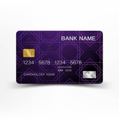 Modern credit card template design. With inspiration from the line abstract. Purple and black color on gray background illustration. Glossy plastic style.