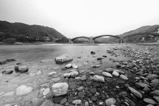 Black and white style,Kintai Kyo Bridge in Iwakuni, Hiroshima, Japan.