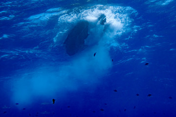 marine engine propeller underwater while diving detail